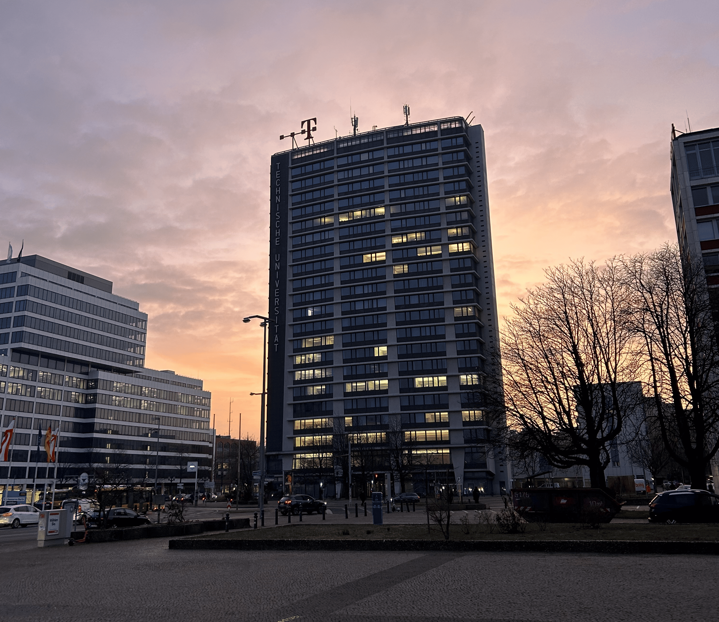 The Telekom building in the sunset